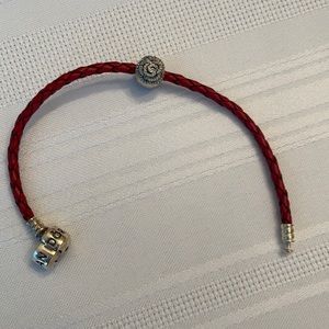 Braided Red Leather Pandora bracelet w/rose charm.